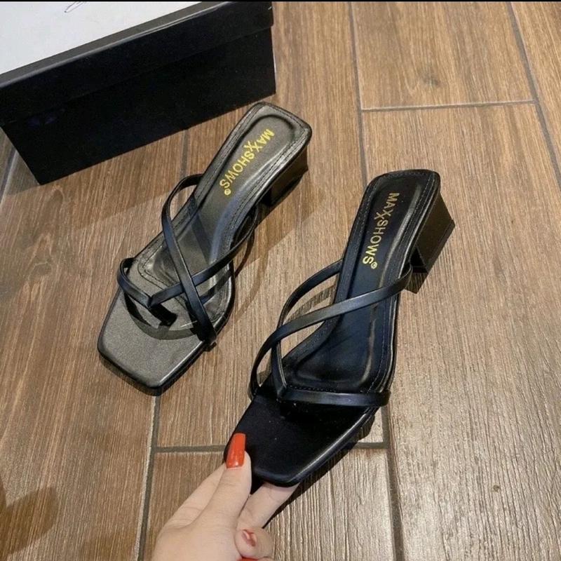 Dép xỏ ngón 3cm mũi vuông - dép kẹp nữ guốc đế thấp