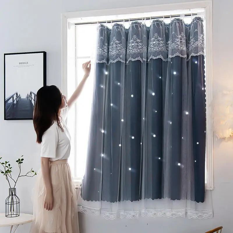 Non Perforated Solid Color Gauze Curtains 2024 New Simple Shading Fabric for Renting Out Bedrooms, Small Short Curtains for Blocking Ins