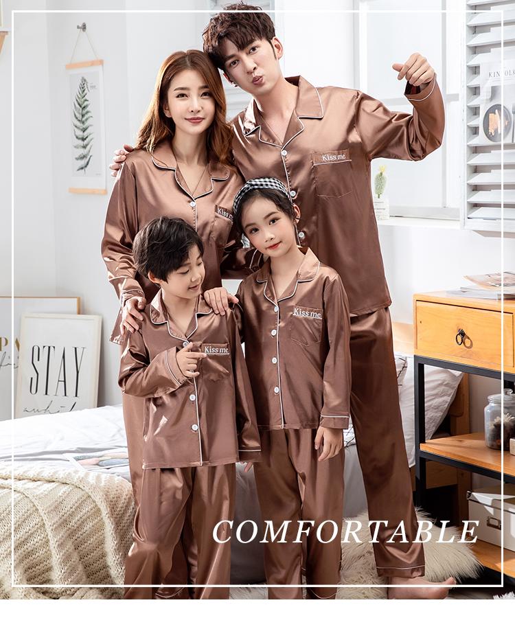 Product Introduction of Korean Style Couple Long Sleeve Parent-Child Pajamas Spring and Autumn Family Three Or Four Mother and Daughter Ice Silk Boys 'And Girls' Home Wear Suit Thin 1