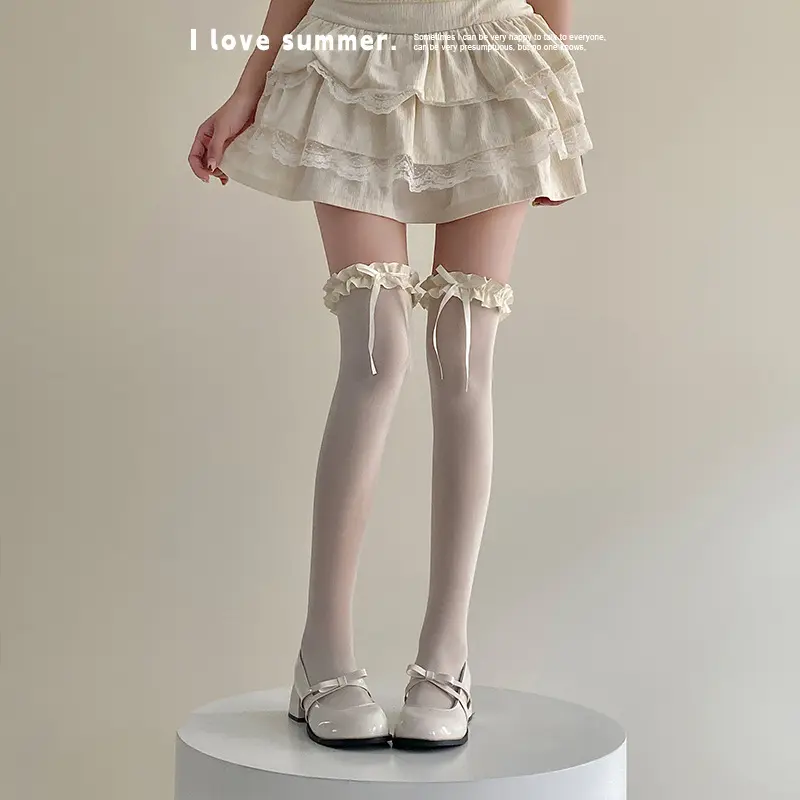 Tất Đùi Nữ, Nơ Trắng Qua Đầu Gối, Mỏng, Thích Hợp Cho Mùa Xuân Và Mùa Hè, Phong Cách Lolita, Ống Dài, Ren Trắng Sữa, Phong Cách Ba Lê