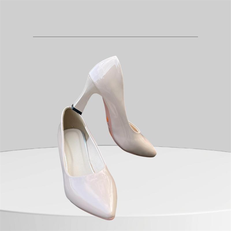 Giày Nữ Da Bóng Mũi Nhọn Cổ Tròn 2 Màu Trắng Kem Gót vuông Cao 3,5,7,9 Phân Đế Cao PU Shoes 1