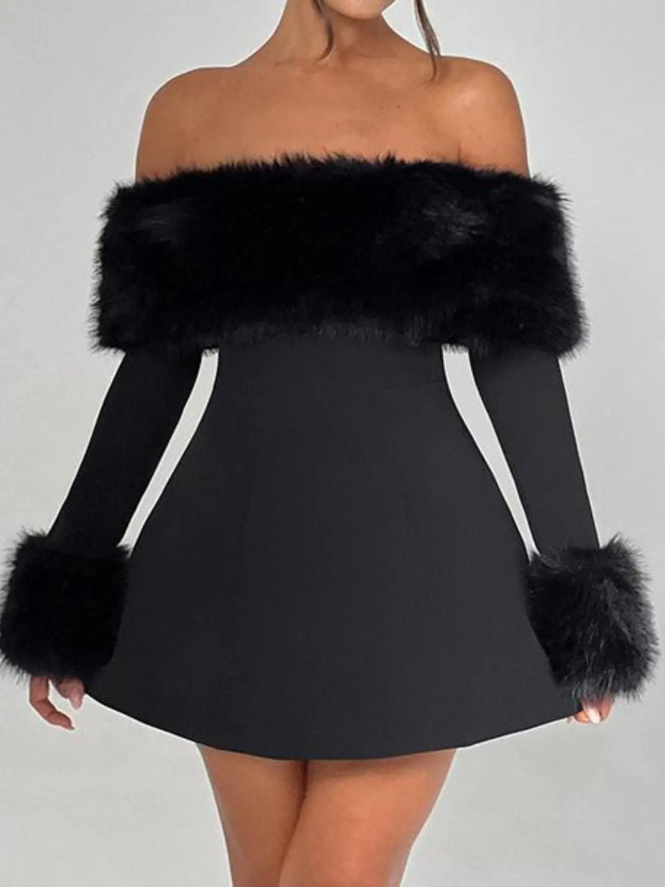 Women's Contrast Faux Fur Off Shoulder A Line Dress, Elegant Long Sleeve Zipper Back Short Dress for Party Club Dating Wear, Women's Dress for Fall & Winter