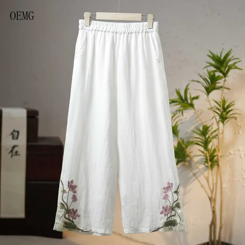Oemg Summer Chinese Style Traditional New Pants Women's Colorblock Embroidery Ethnic Casual Pants Cotton Linen Retro Loose and Elastic Wide Leg Pants
