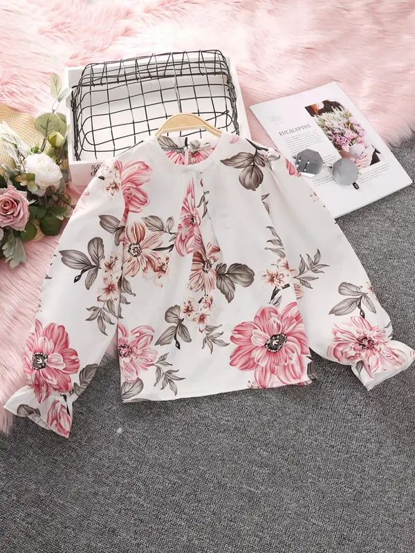Two-Piece Set Girl's Floral Print Top & Pants Set, Casual Keyhole Neck Top & Trousers for Fall & Winter, Kids Clothes for Daily Wear 2