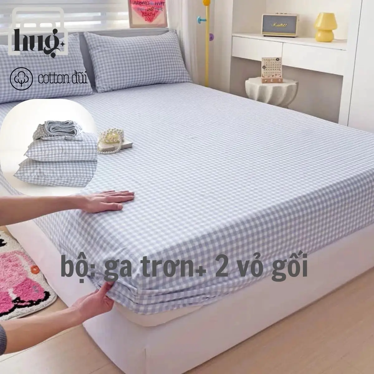 BỘ GA GỐI COTTON ĐŨI kẻ caro đơn giản trẻ trung, năng động - 3 món (đệm dày <10cm)
