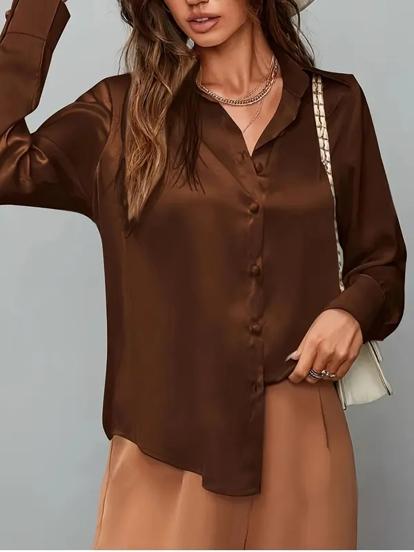 Women's Solid Color Shirt, Elegant Long Sleeve Collared Top for Work Office Business, Ladies Clothes for All Seasons, Womenswear 4