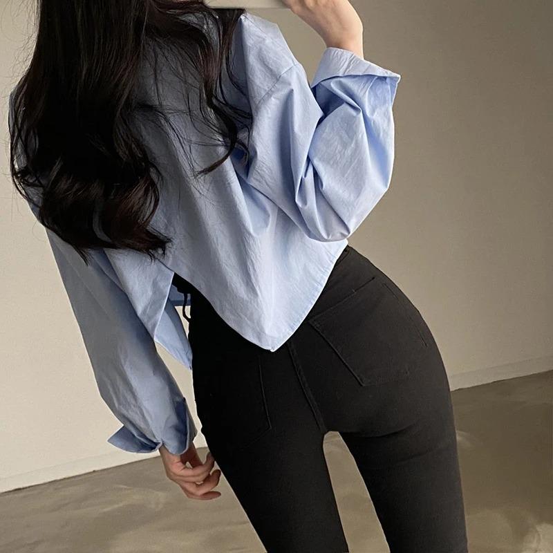 Product Introduction of Fashion Short Shirts Women Korean Chic Loose Solid Color Long Sleeve Crop Tops Female Casual Elegant Button Split Turn Down Collar Blouse 2