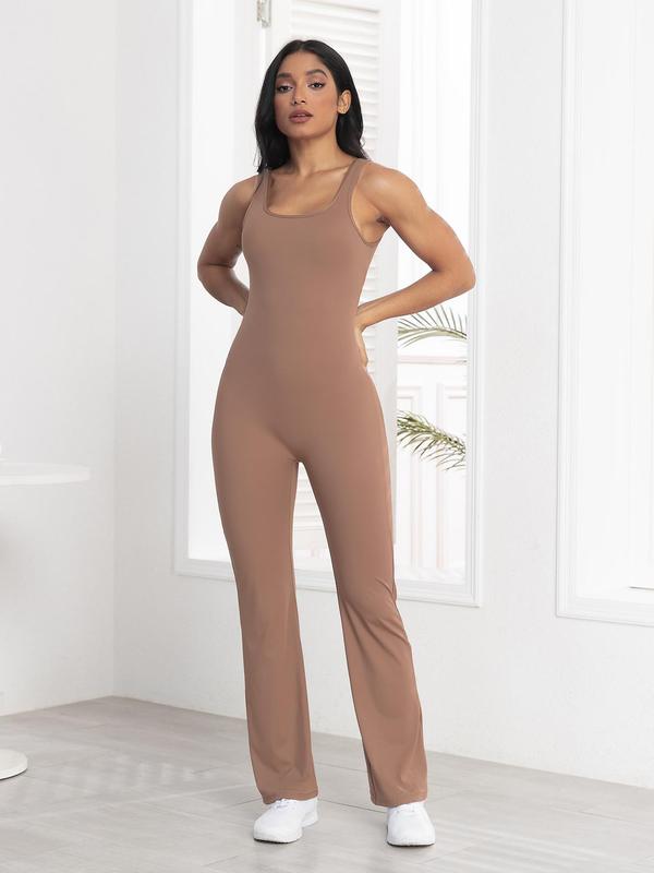 Women's Summer Plain Ruched Cut Out Sports Flare Leg Jumpsuit, Solid Scoop Neck Backless Sleeveless Bodycon Bell Bottom Jumpsuit for Yoga Gym Workout, Ladies Sportswear for All Seasons, Womenswear 5