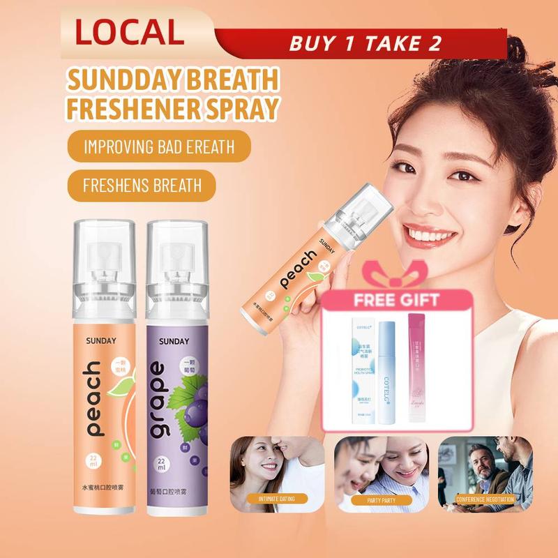 Product Introduction of [BUY 1 TAKE 2]SUNDDAY Peach Flavor Oral Freshening Spray Refreshing Oral Spray Portable Long-lasting Oral Care 22ML| Local Stock 19