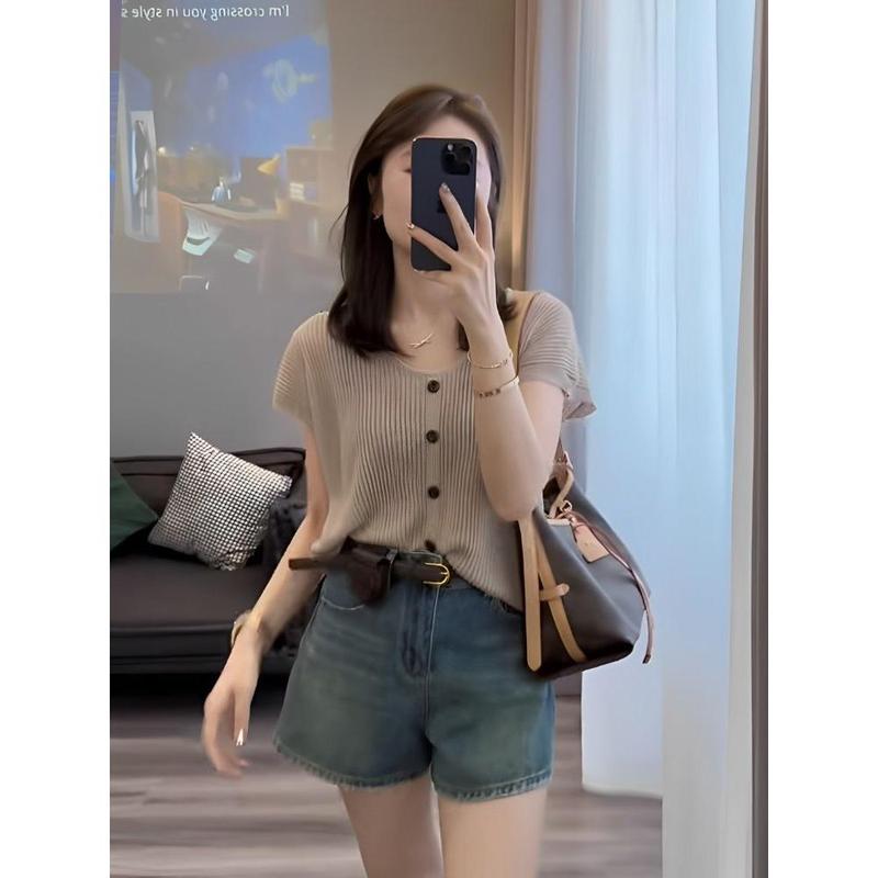 Áo Thun, ngắn Tay, Cổ Chữ V, Chất Liệu Lụa Lạnh Đồ Len, Dành Cho Nữ, Bộ Sưu Tập Mùa Hè Mới 2024, Mỏng Và Thoáng Khí, Dáng Rộng Vừa Vặn, Dễ Phối Đồ, Áo Dệt Kim 5