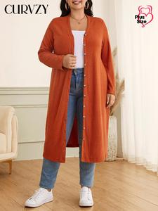 CURVZY Plus Size Solid Button Front Ribbed Longline Coat, Casual Long Sleeve V Neck Outerwear, Women's Clothes for Daily Wear