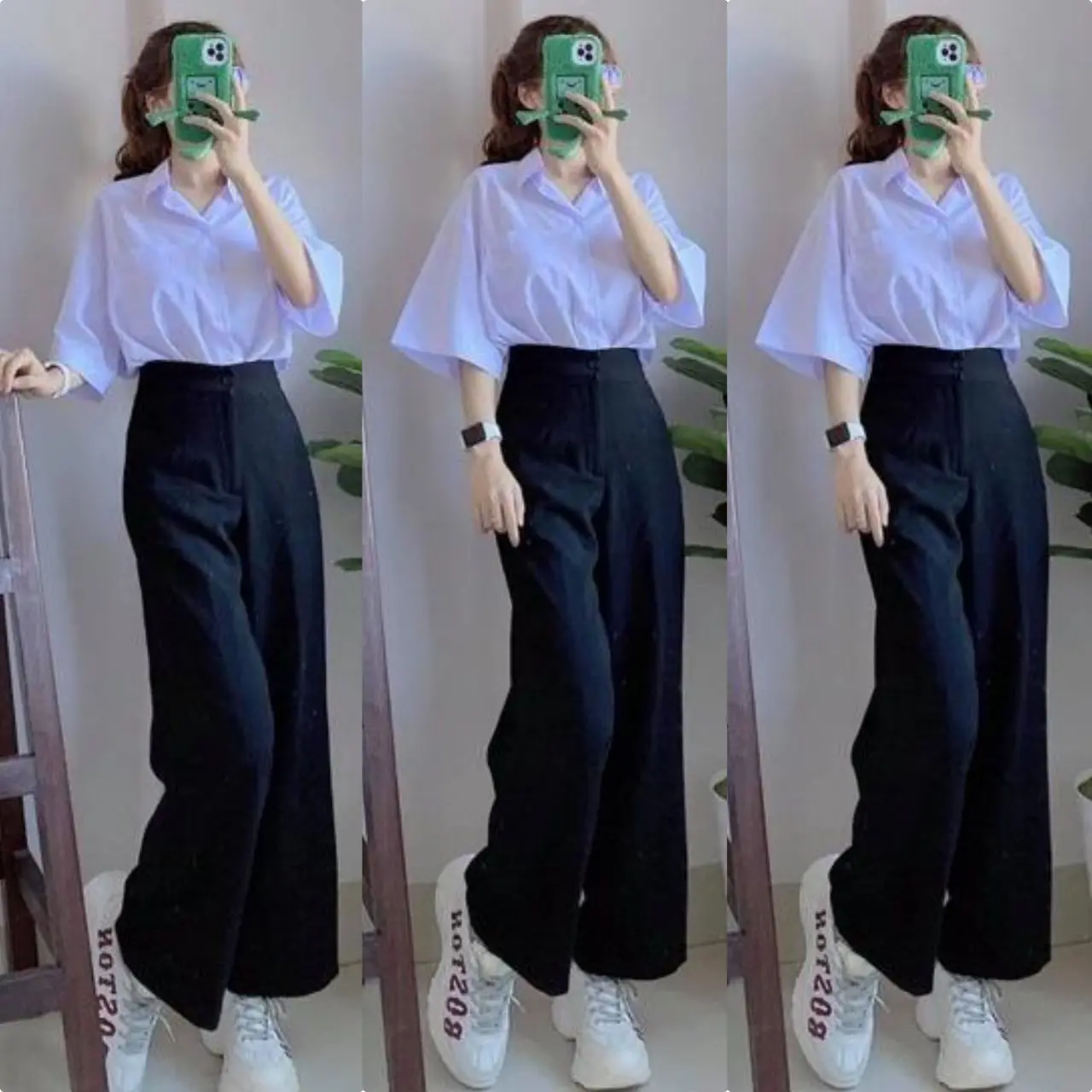 Quần tây Dáng ống rộng nữ cạp cao 1 khuy dáng dài khóa kéo màu đen chất vải Tuyết Mưa mặc đi học đi làm công sở Ong Kem Women
