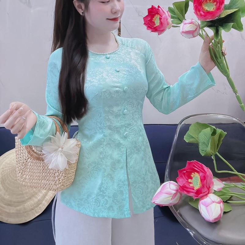 BO12 Bộ Quần Áo Bà Ba Nữ Cổ Tròn Đính Ngọc Tay Dài Có 8 Màu 5 Size Quần Trắng và Đen - Top