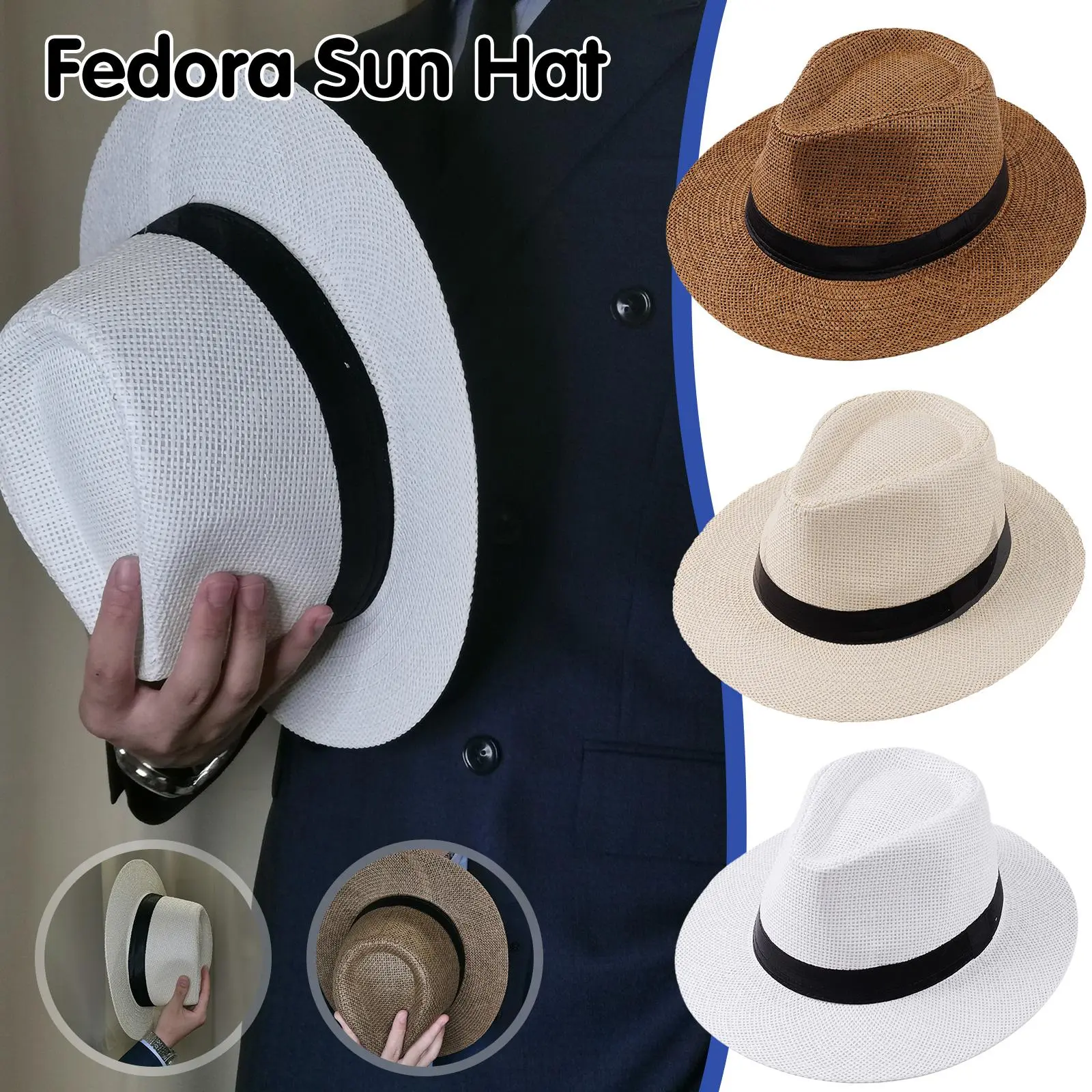 Mũ Cao Bồi Fedora Rơm Cho Nam, Phong Cách Thường Ngày Mùa Hè, Hợp Xu hướng, Mũ Đi Biển, Chống Nắng, D0J4