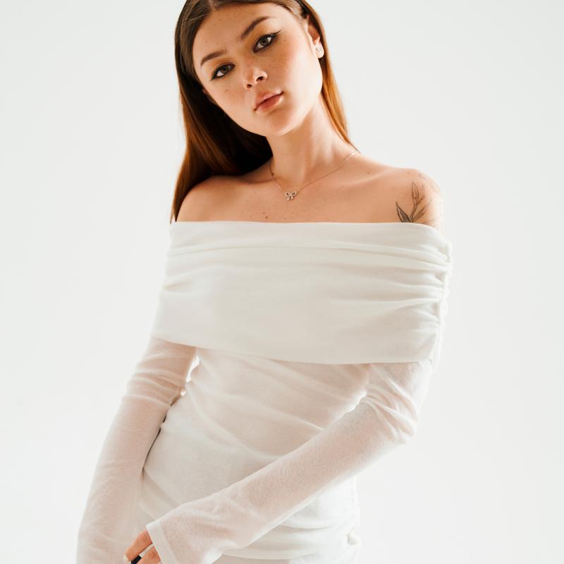 [LIVE] DOTTIE - Áo trễ vai tay dài - Trắng - T0999 Dài Tay Thun Nữ Bẹt vai