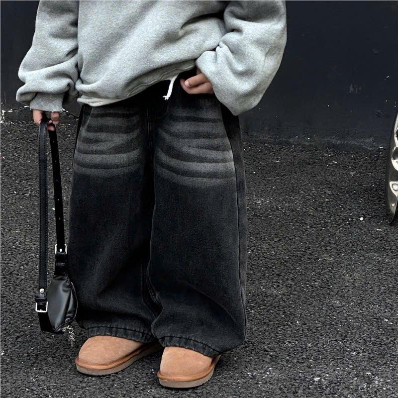 Quần jean dài cho bé ống rộng, quần jean cạp chun phong cách Hàn Quốc cho bé trai và bé gái_D32