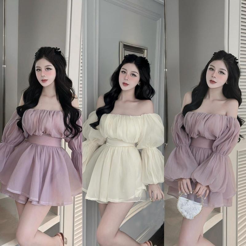 Đầm tơ trễ vai tay bồng tiểu thư có mút quần bảo hộ đi biển đi chơi đi du lịch nữ