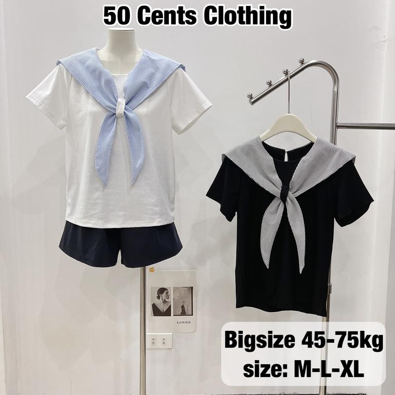 Áo Thun Kiểu Nữ Phối Cổ Nơ Kẻ Thuỷ Thủ Hàng Loại 1 Có Bigsize 45-75kg Phong Cách Ullzzang (50 Cents Clothing) #243
