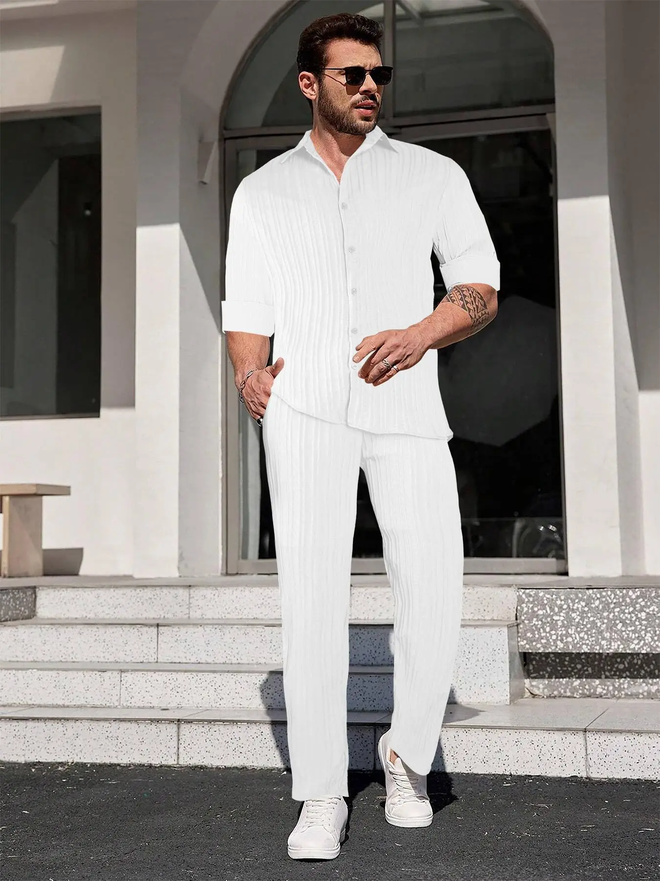 Two-piece Set Men's Solid Textured Button Front Shirt & Drawstring Waist Pants Set, Regular Fit Casual Long Sleeve Collared Top & Elastic Waist Trousers, Two-piece Outfits for Men