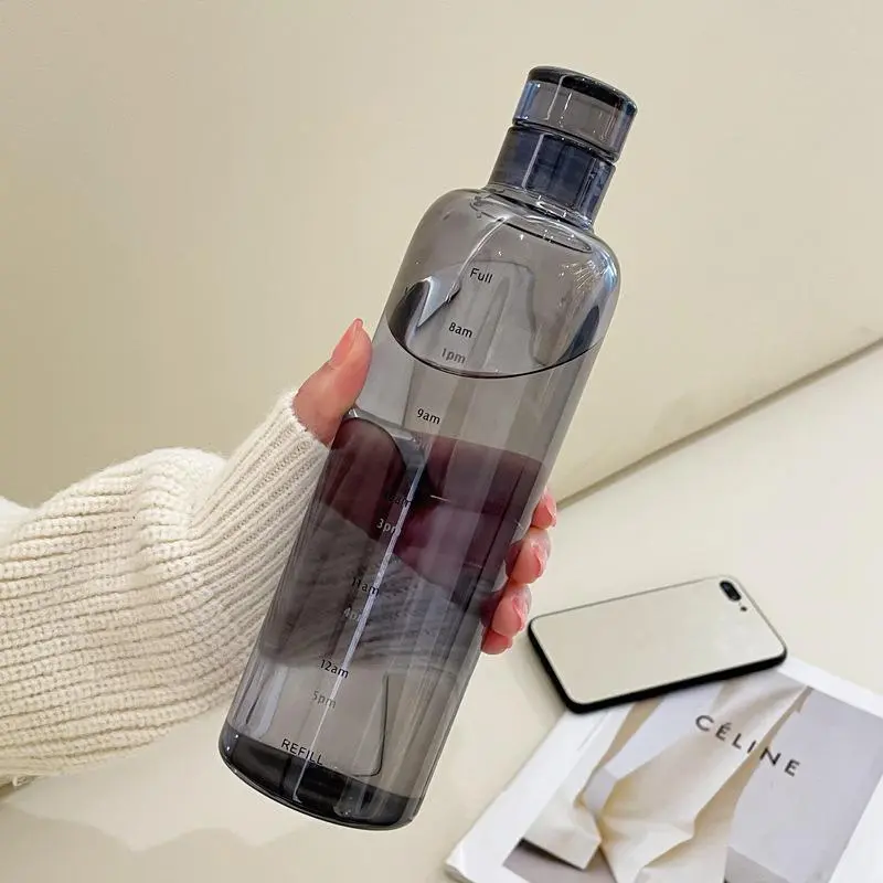 plastic water bottle, leak-proof milk juice cup sports water bottle with time marker and sealin grid