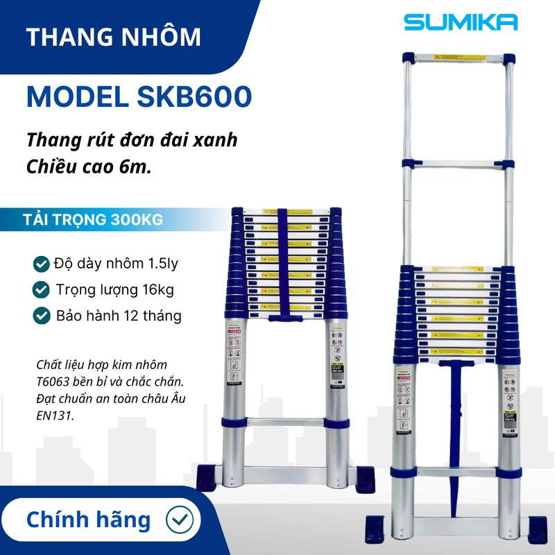Thang nhôm rút gọn SUMIKA SKB600 chiều cao tối đa 6m chân đế ngang đai màu xanh nhựa nguyên sinh