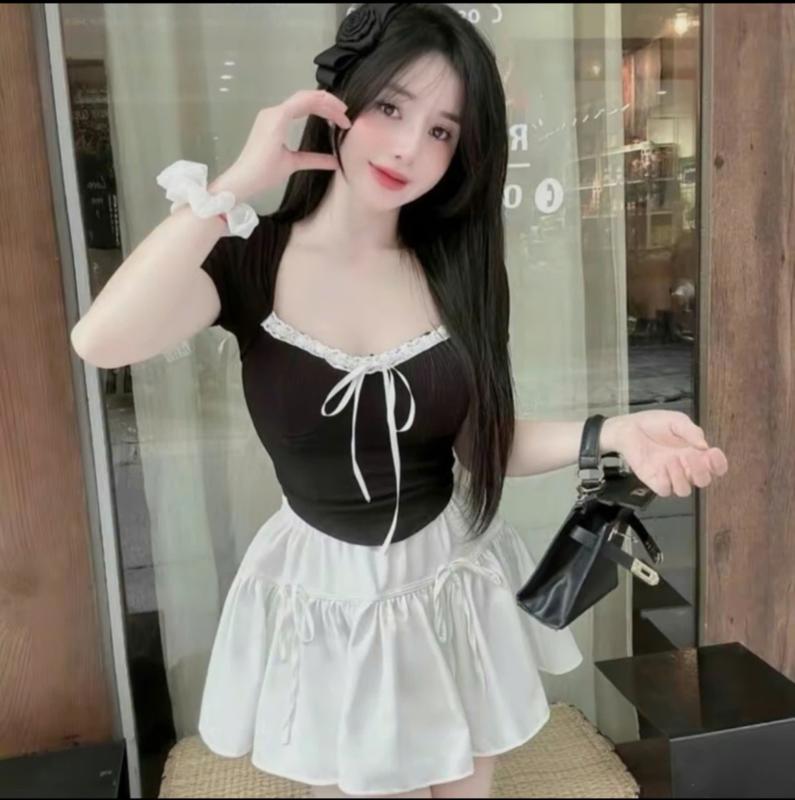 Bộ đồ sét thời trang nữ tính với áo vạt lươn phối ren kết hợp chân váy xinh xắn se  thu set  maxi Voi Kem Nhung Bo Chun a noel set a set  đầm bộ  ủ set  áo set  váy sét  bộ lechvai áo  sơ set  3 set  áo set  dạ set  xám áo  hoodie dobotole lungbeolon