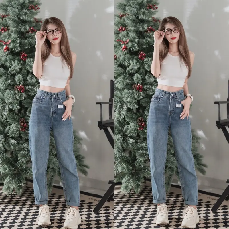 (VẢI QC-CAO CẤP) Quần Baggy Jean Nữ Kiểu Dáng Trơn Thêu Nơ Lưng Cao Vải Không Co Giãn Chất Mềm 3