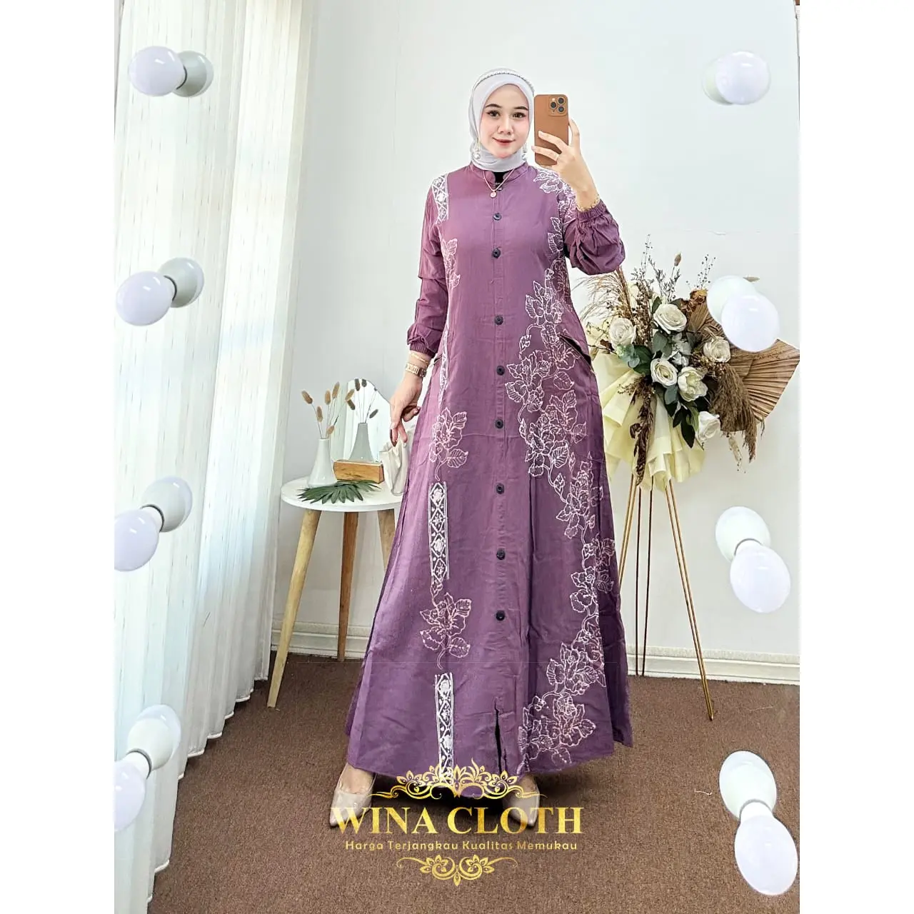 WINA CLOTH - Gamis Twill Rayon  Kancing Terbaru 2023 Terlaris Motif Nadhira Plum M L XL XXL Dress Muslim