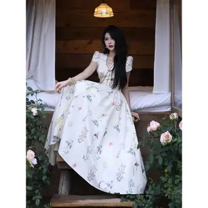 [clearance] CHICMORE Gaun Pakaian Wanita Motif Bunga Cetak Baru Kerah V-Neck Gaya Terbaru Korea