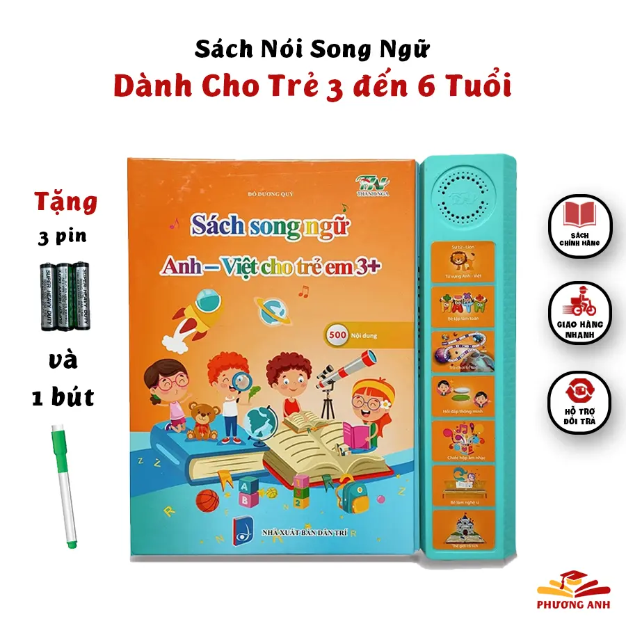(Tặng 3 pin và 1 bút xóa được)SÁCH NÓI ĐIỆN TỬ Song Ngữ Anh Việt - Giáo Dục Sớm Giúp Bé 3 đến 6 Tuổi Tập Đọc Tập Nói