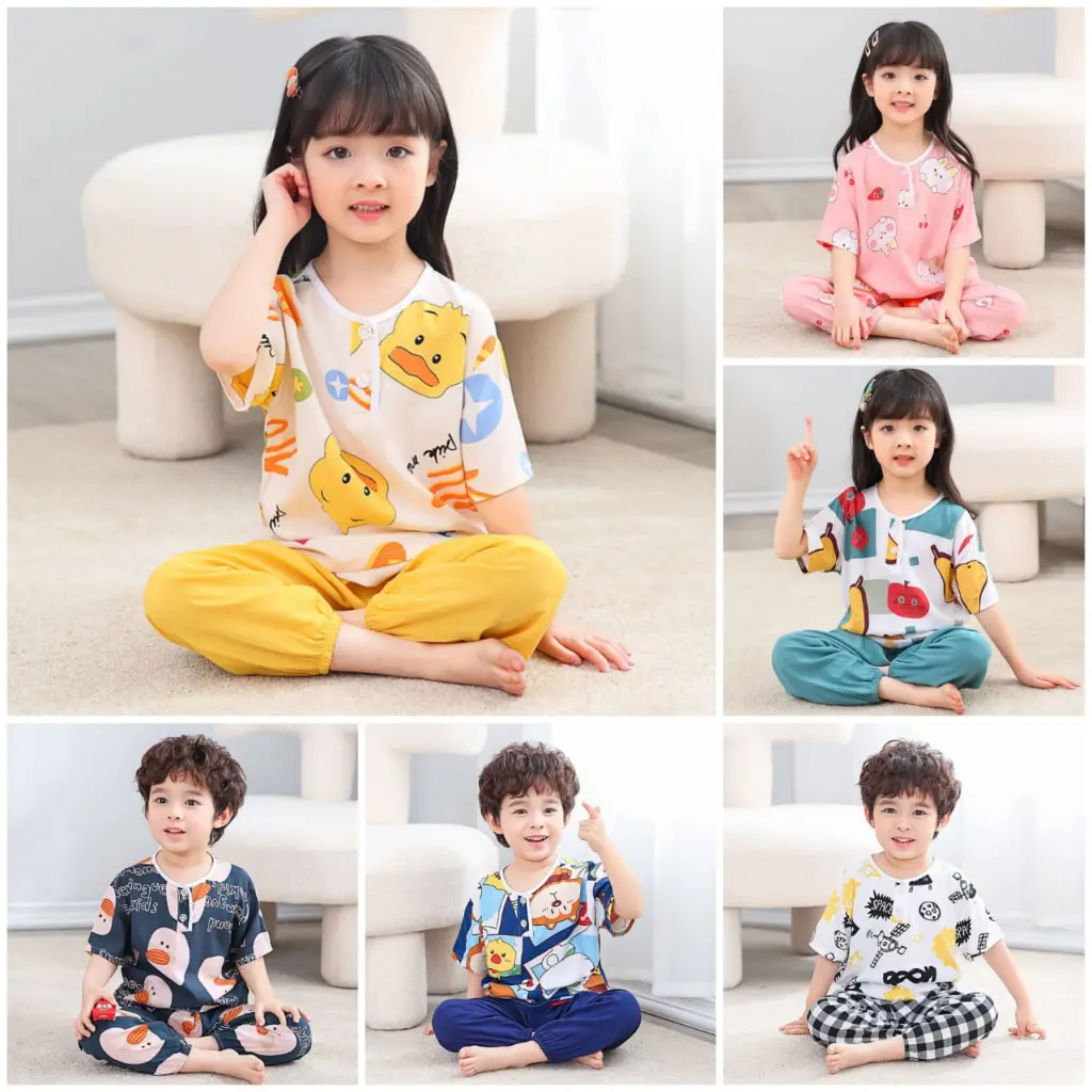 Baju Tidur Setelan Anak Laki Laki Perempuan Import usia 1-14 tahun Lengan Pendek Celana Panjang Motif Korea Style QIQI