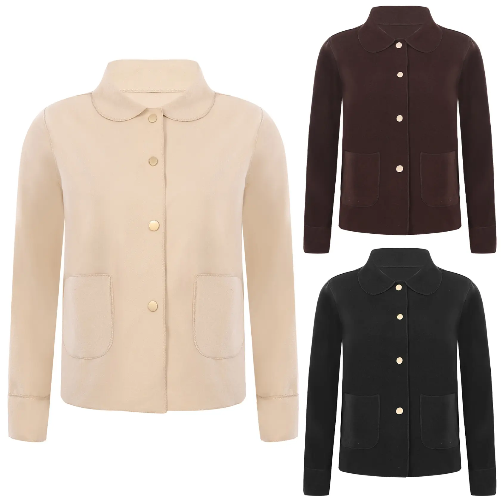 RUNQHUI Islamic  Women Solid Color Long Sleeve Short Style Lapel Woolen Button-up Double Pockets Outerwear Coat for Work Commuting Daily Wear