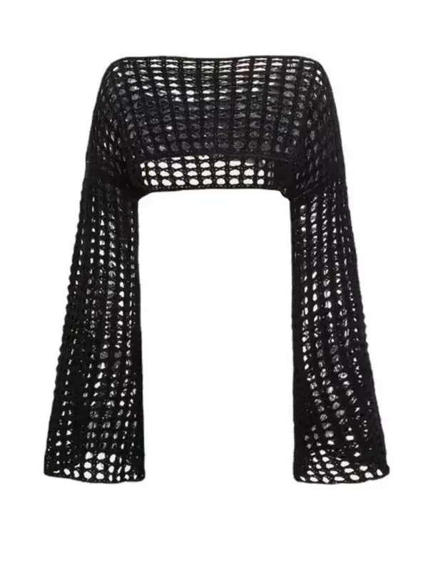 Women's Summer Black Hollow Out Flounce Long Sleeve Crop Cover Up, Chic Solid Scoop Neck Crochet Top, Casual Matching Fashionable Comfort Minimalist Basic Lady's Clothes for Beach Holiday, Womenswear, Clothing 1