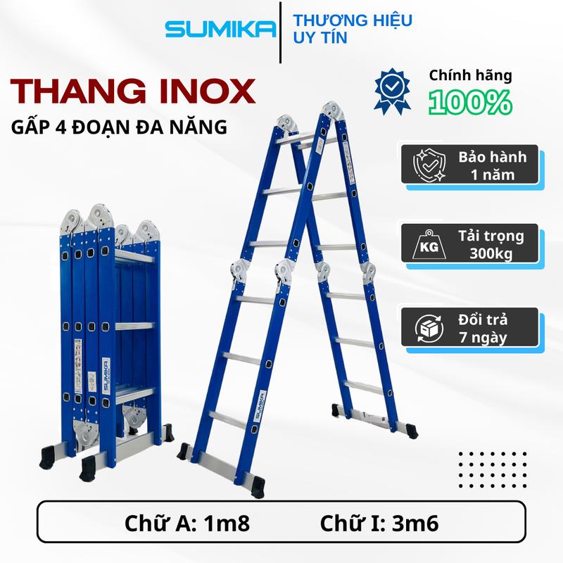 Thang inox gấp 4 đoạn SUMIKA SKS603, chữ A cao 1.7m, chữ I cao 3.4m, 14 tư thế sử dụng