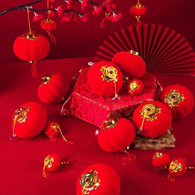 Product Introduction of 30 PCS/Packet New Year Red Flocking Small Lantern Hanging Bonsai Outdoor Waterproof Blessing Character Wedding Decoration Hanging Lanterns On The Tree For The New Year 15