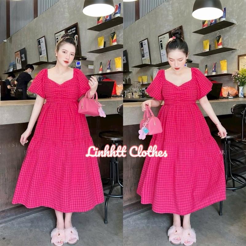 Đầm caro tay phồng babydoll xoè dài váy tiểu thư caro Nữ Dress