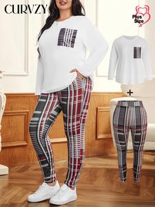 CURVZY Plus Size Two-Piece Set Geometric Print Long Sleeve Tee & Pocket Pants, Casual Pocket Round Neck Top & Trousers for Daily Wear, Women's Two-piece Outfits for All Seasons