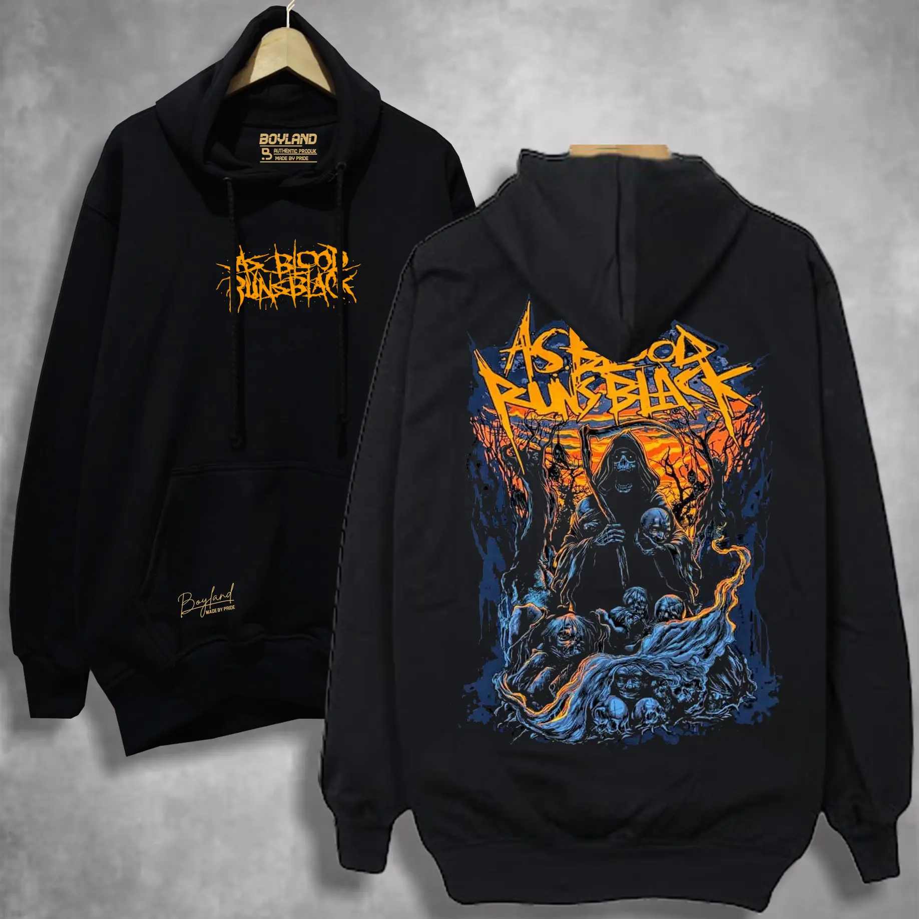 BoyLand Hoodie ASBLOOD RUNS BLACK Unisex Cewek Cowok Sweater Cowo Oblong Basic Casual Authentic Distro Motif Sablon Warna Hitam Tangan Panjang Bahan Fleece Tebal Lembut Santai dan nyaman Unisex Pria Wanita Outdoor Keren Lokal Terbaru Oversize Garis Bulat
