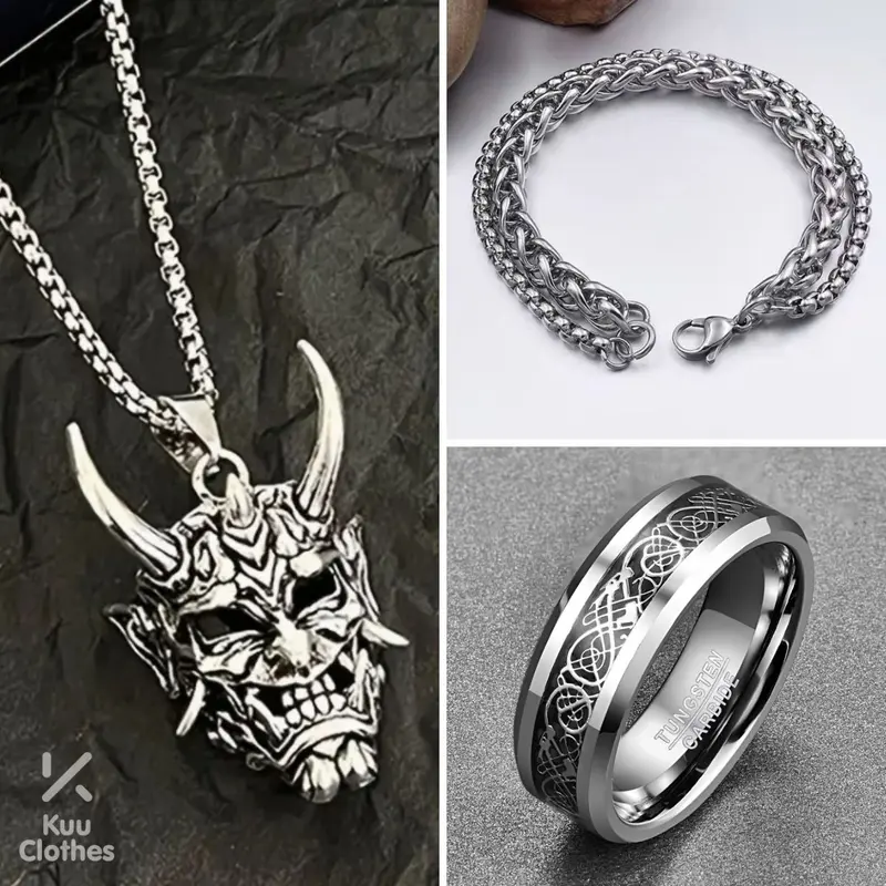[Mua Là Thích, Không Thích Hoàn Tiền] Bộ 3 Vòng cổ Samurai Mặt Quỷ Vòng Tay Keen nhẫn Bạc Messy Chất Liệu Không Gỉ Thời Trang Thiết Kế Kuu Clothes - Vòng Cổ Samurai + Vòng Tay Keen + Nhẫn Messy Bạc 0