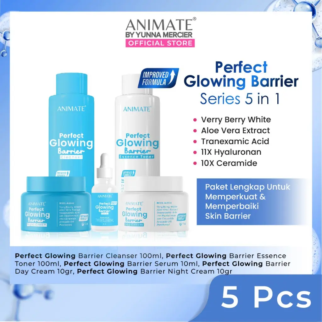 Animate Paket Glowing Barrier 5in1 - untuk kulit sensitif  skin barrier paket biru Ceramide Mencerahkan Membersihkan  Wajah