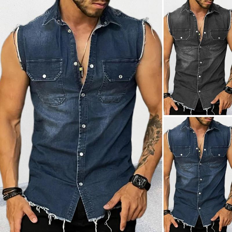 Áo Vest Không Tay Có Ve Áo Cho Nam, Áo Khoác Một Hàng Khuy Có Túi Nắp, Tua Rua, Áo Sơ Mi Denim Màu Trơn, Thời Trang Dạo Phố, Mùa Hè