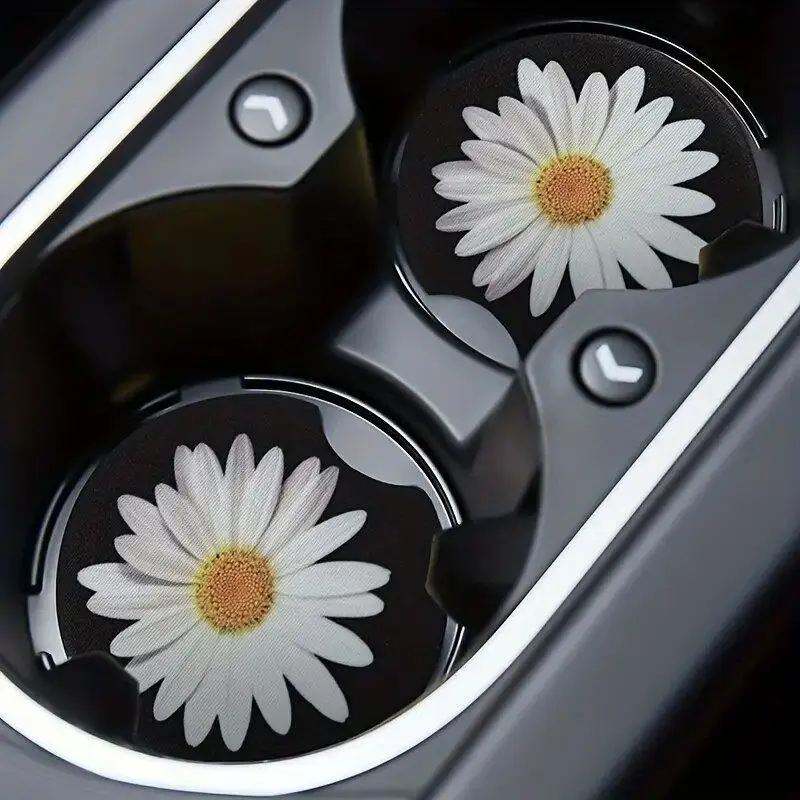 Car Coaster, Flower Pattern Car Cup Holder Coaster, Neoprene Anti-slip Car Cup Holder Pad, Car Interior Decoration Accessories for Women & Men