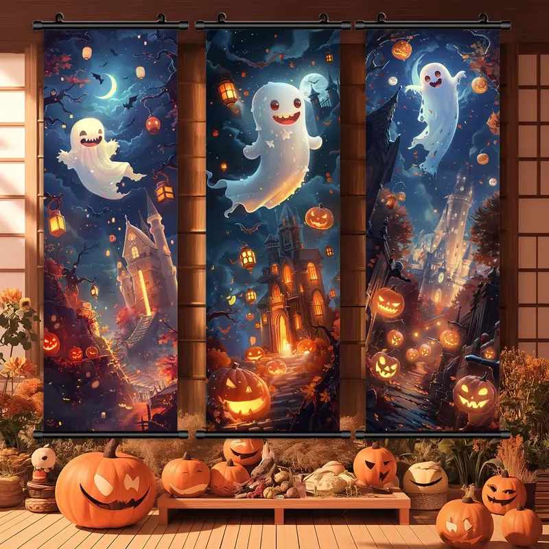 Halloween Hanging Banner, 3 Counts/set Cartoon Ghost Pattern Wall Art with Gift Box, Cute & Funny Ghost Poster, Halloween Decoration, Halloween Gift 6