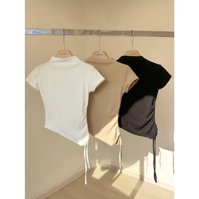 Kit 3pcs Acme Blusa Feminina Manga Curto Cordao Ao Lado Ajustada Casual Verao dia dia Tendencia
