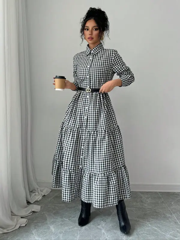 Women's Plaid Print Button Front Ruffle Hem Dress, Elegant Fashion Casual Long Sleeve Dress for Daily Outdoor Wear, Women Dress for All Seasons 3