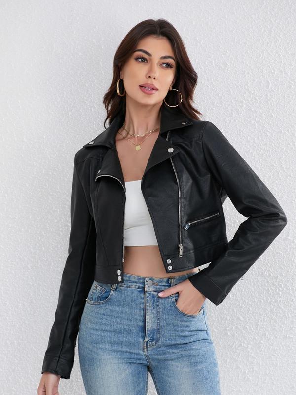 Women's Solid Color Lapel Collar Zipper PU Leather Crop Jacket, Street Fashion Long Sleeve Button Outerwear for Daily Outdoor Wear, Ladies Clothes for All Seasons 0