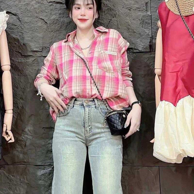 Áo Kẻ Ô Xinh Xắn Chất Nỉ Bông Mềm Mại Phong Cách Form 40-65kg Áo Công Sở Xinh Nữ Women Top Cotton Sơ Mi 0