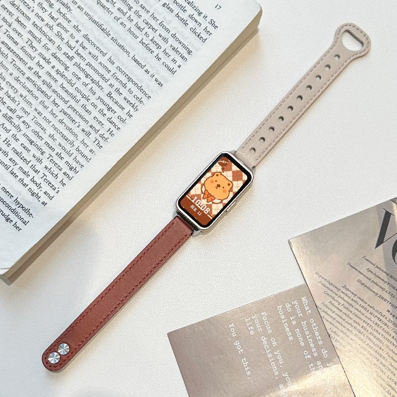 Soft Leather Strap for Huawei Band 10 9 8 Strap Sport Replacement Watchbands Metal Double Nail Buckle Brecelet Wanita Band Wristband Tali Jam Tangan Smartwatch for Huawei Band 10 9 8 NFC