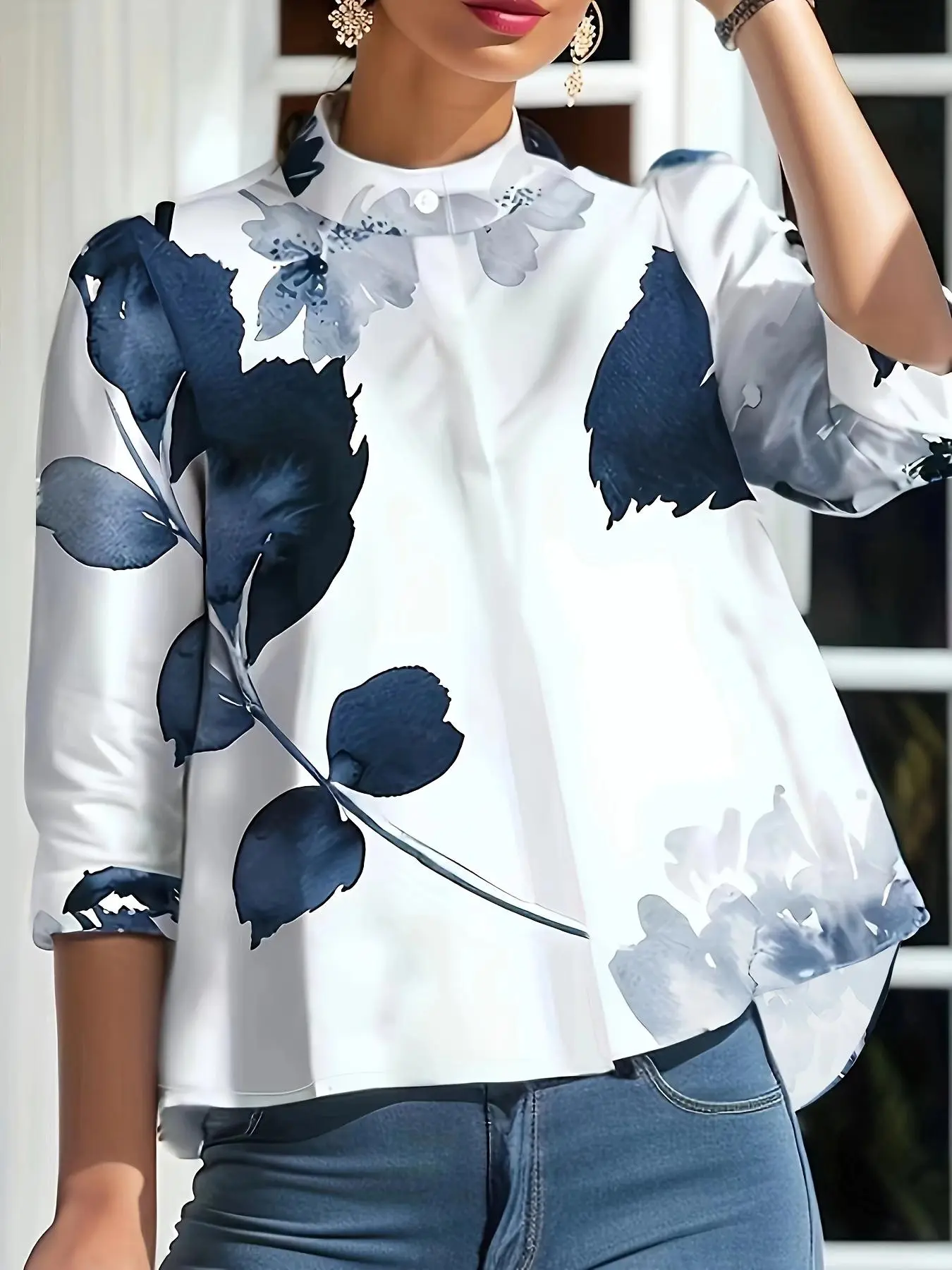 Women's Floral & Plants Print Button Front High Low Hem Blouse, Casual Mock Neck Three Quarter Length Sleeve Top, Ladies Spring & Fall Clothes