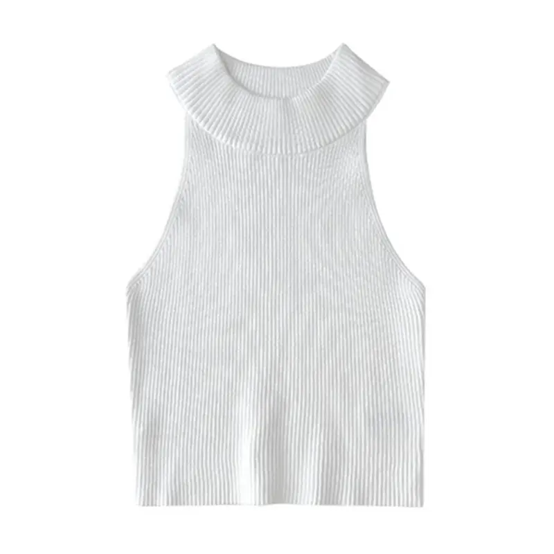 Women Ribbed Halter Tank Tops, Adults Sleeveless Solid Color Round Neck Knit Crop Tops